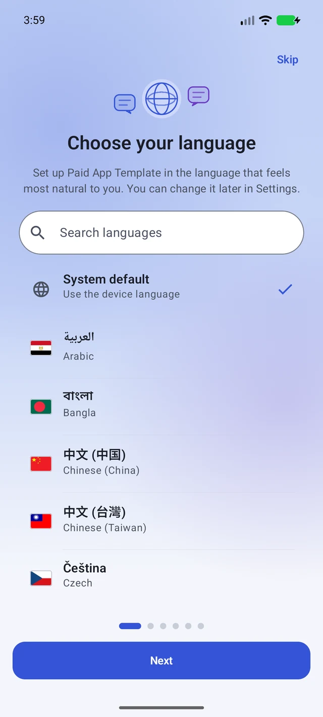 Paid Upfront Template — Language selection