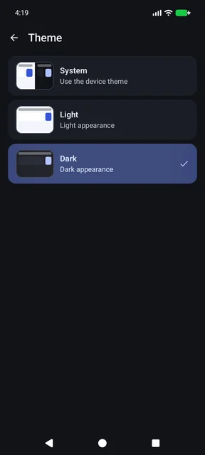 Paid Upfront: real Theme screen in dark mode.